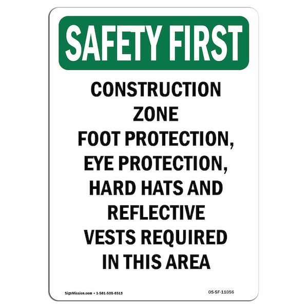 OSHA Sign, Construction Zone Foot Protection, 14in X 10in Aluminum, 10" W, 14" H, Portrait